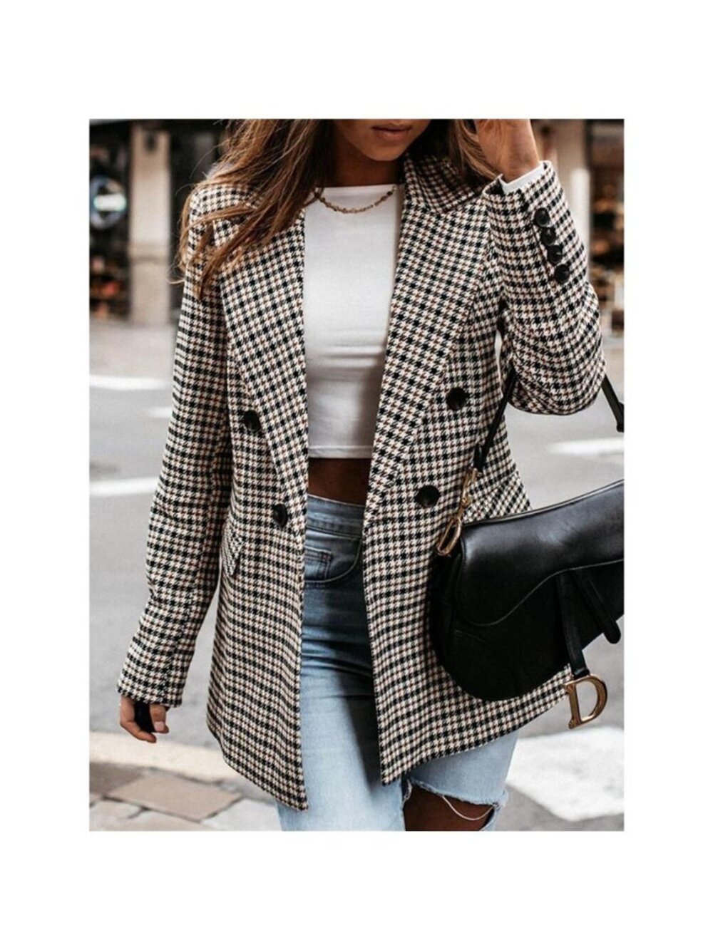 Classic Houndstooth Double-Breasted Blazer